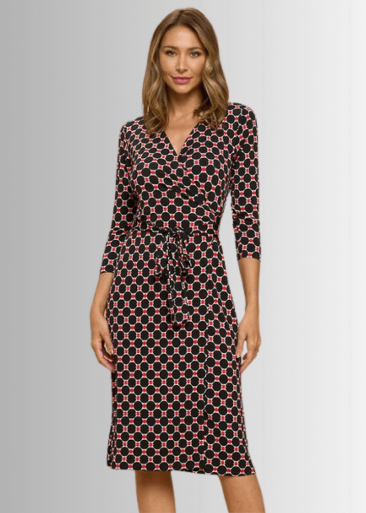 Beautiful Ladies Black &amp; Red Geometrical Design Printed Wrap Midi Dress with 3/4 Sleeves | Renee C. Style 4329DRC | Proudly Made in USA | Classy Cozy Cool Clothing Boutique