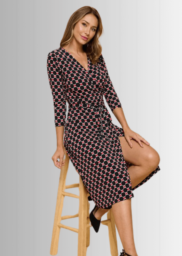 Beautiful Ladies Black &amp; Red Geometrical Design Printed Wrap Midi Dress with 3/4 Sleeves | Renee C. Style 4329DRC | Proudly Made in USA | Classy Cozy Cool Clothing Boutique