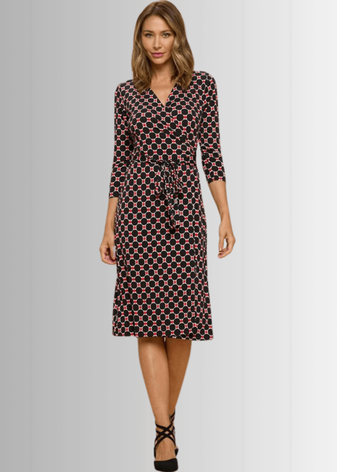Beautiful Ladies Black &amp; Red Geometrical Design Printed Wrap Midi Dress with 3/4 Sleeves | Renee C. Style 4329DRC | Proudly Made in USA | Classy Cozy Cool Clothing Boutique