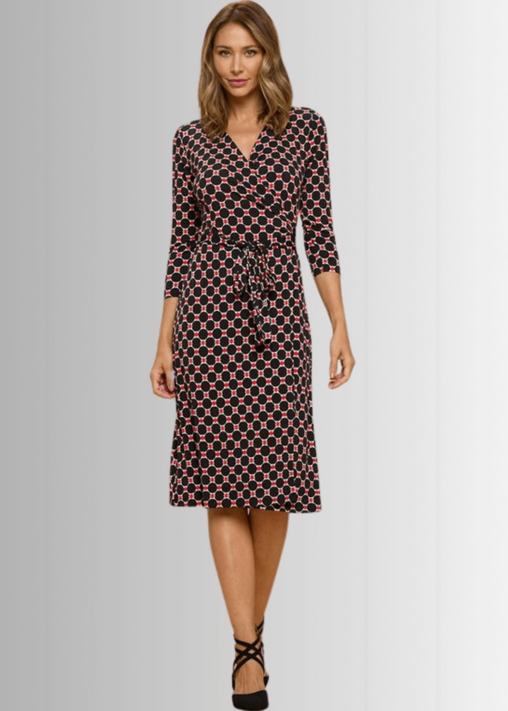 Beautiful Ladies Black &amp; Red Geometrical Design Printed Wrap Midi Dress with 3/4 Sleeves | Renee C. Style 4329DRC | Proudly Made in USA | Classy Cozy Cool Clothing Boutique