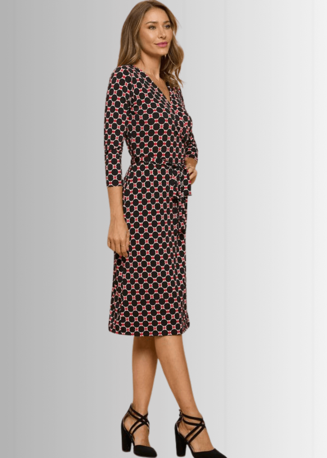 Beautiful Ladies Black &amp; Red Geometrical Design Printed Wrap Midi Dress with 3/4 Sleeves | Renee C. Style 4329DRC | Proudly Made in USA | Classy Cozy Cool Clothing Boutique