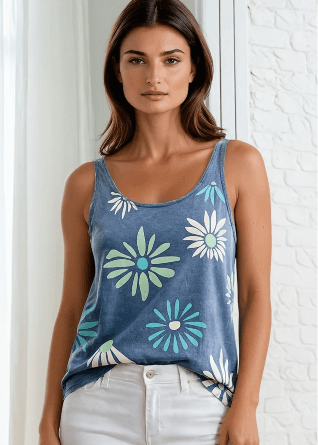 Lazy Daisy Days Floral Cotton Tank Top | Made in USA | Mineral Washed, Soft, flowy & USA-made! Chalk flower graphic tank in light denim mineral wash. 95% cotton, relaxed fit, grown & sewn in America. Perfect for summer layering.