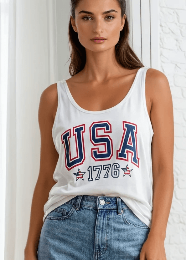 Celebrate your patriotic spirit in this USA 1776 Graphic Tank Top Made in USA with USA Grown Cotton. Soft, breathable 95% cotton 5% spandex blend. Sizes S-XL 4th of July