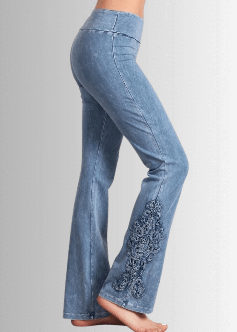 Made in USA Women's Light Denim Mineral Washed Boot Cut Jeggings with Crochet Detail Hem Style# C30372 | Classy Cozy Cool  Made in America Boutique