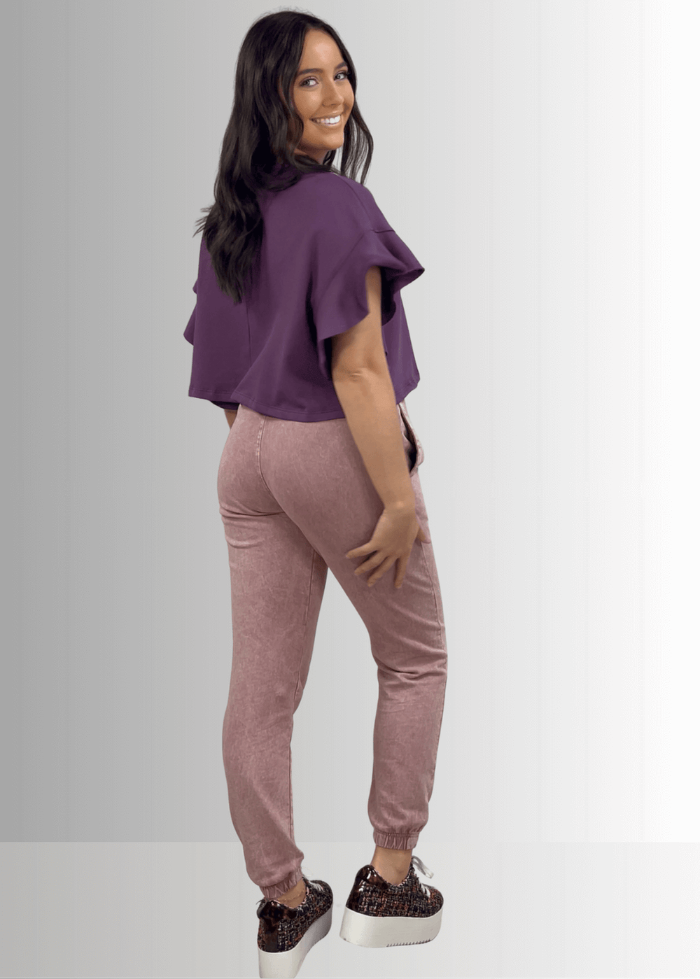 USA Made Women's Casual Cotton French Terry Mineral Washed Light  Mauve Joggers with Side Pockets and Drawstring Waist | Classy Cozy Cool Made in America Boutique