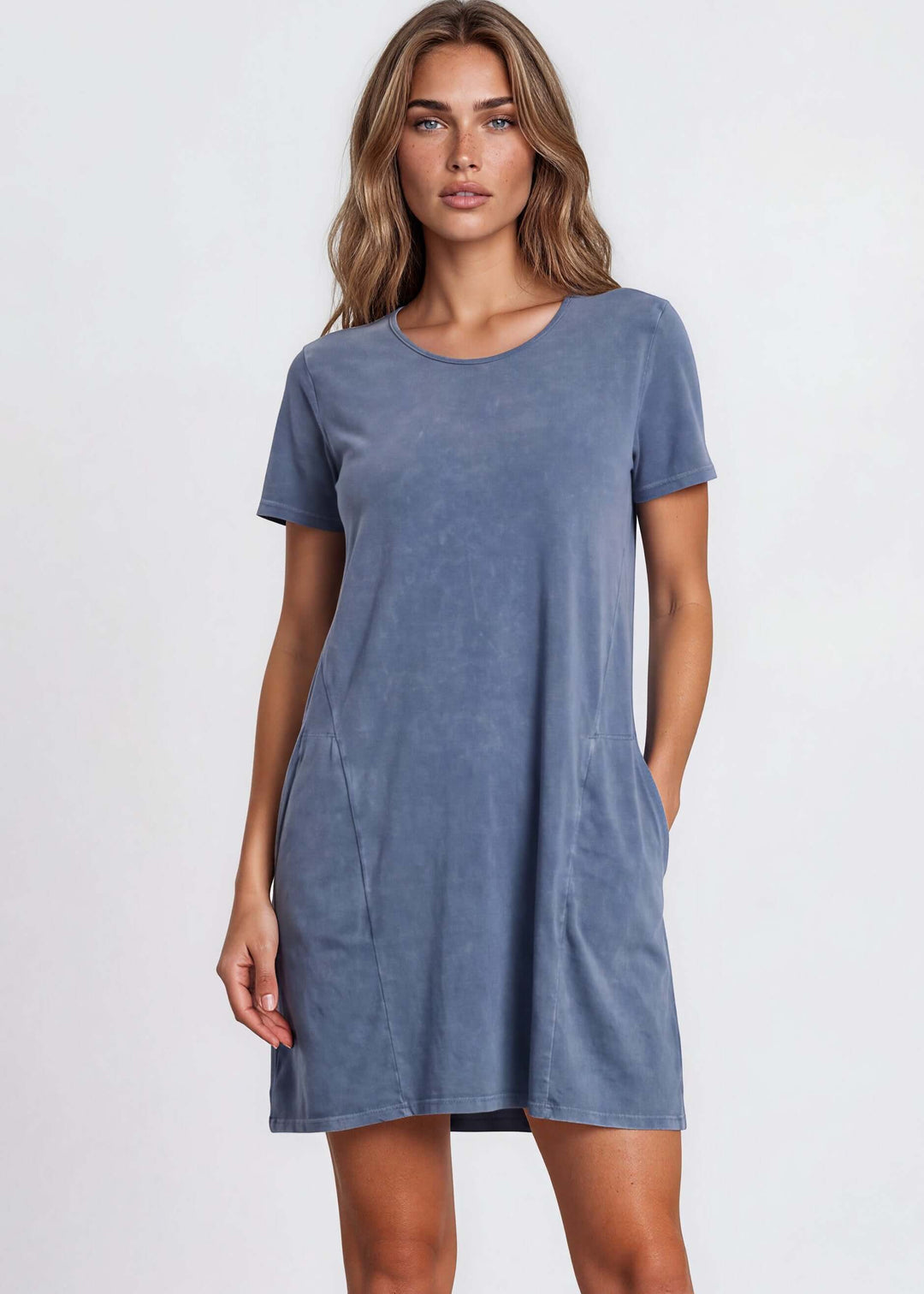 USA Made Ladies Mineral Washed Casual Cotton Short Sleeve Above Knee Length Dress with Pockets | Style# C60596 | Classy Cozy Cool Women's Made in America Boutique
