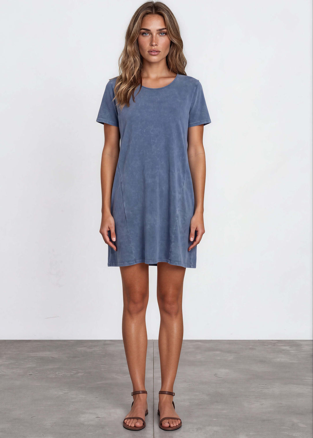 USA Made Ladies Mineral Washed Casual Cotton Short Sleeve Above Knee Length Dress with Pockets | Style