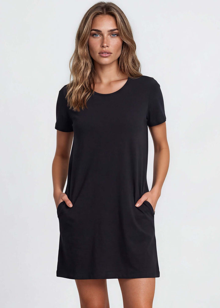 USA Made Ladies Mineral Washed Casual Cotton Short Sleeve Above Knee Length Dress with Pockets | Style