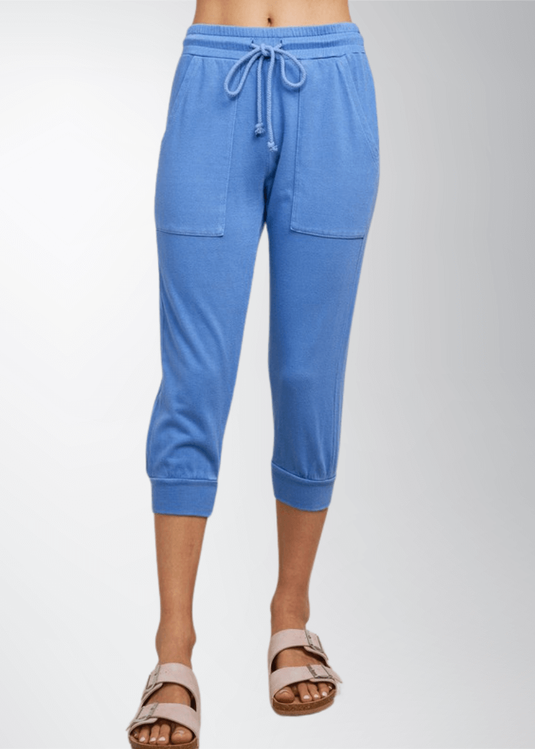 USA Made Women's Baby French Terry Rayon Cotton Pocket Joggers in Blue | Classy Cozy Cool Women's Made in America Clothing Boutique