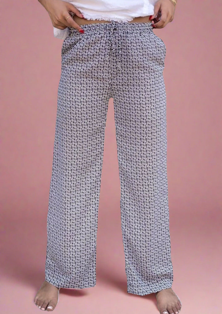If She Loves Ladies Vintage Flower Pattern Relaxed Fit Pull-On Style Pants with Elastic Waist in Navy &amp; White | Made in USA | Women&