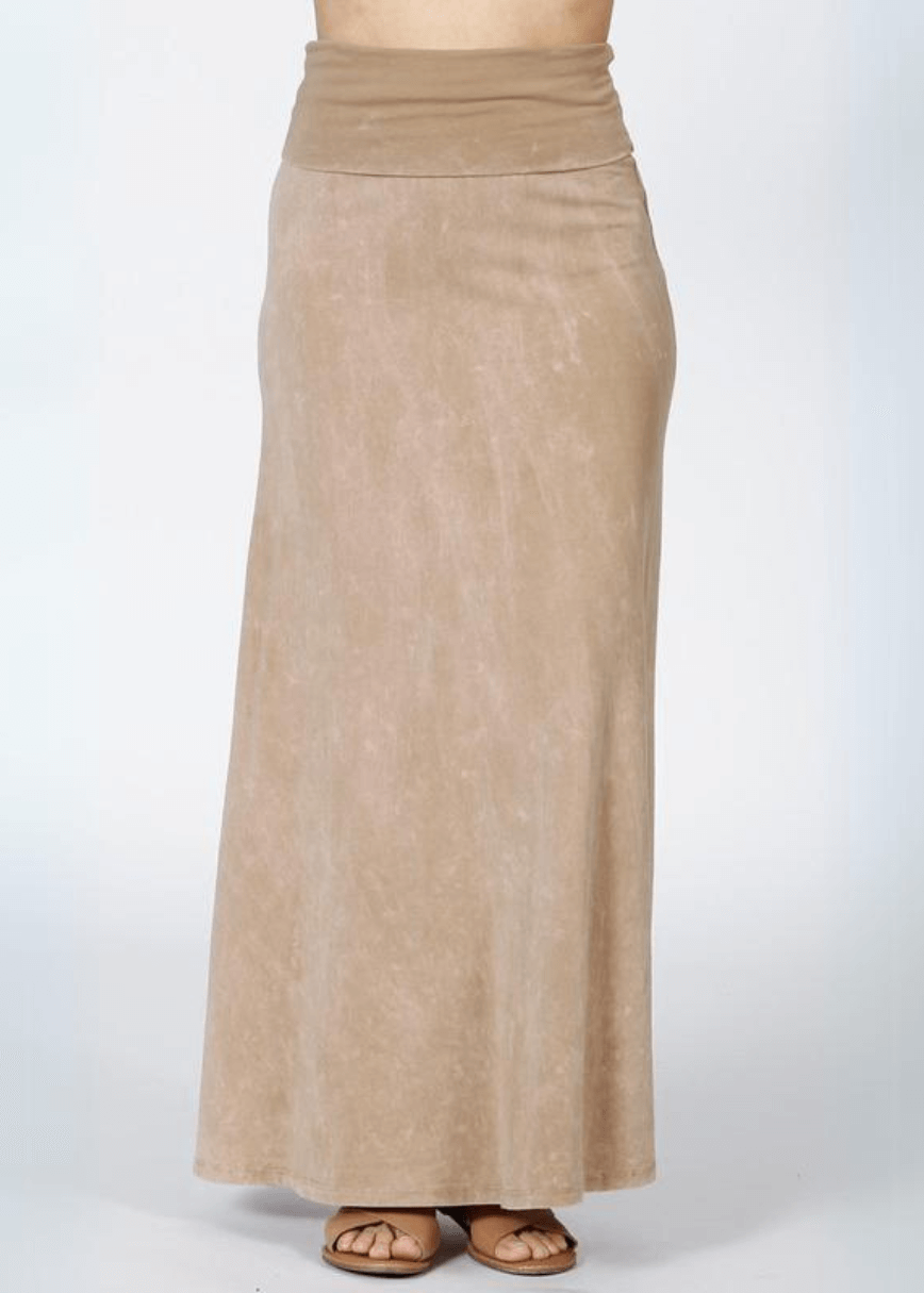 Women's Mineral Washed American Cotton Fold Over Waist Maxi Skirt Made in USA in  Beige  | Classy Cozy Cool Style C50110 