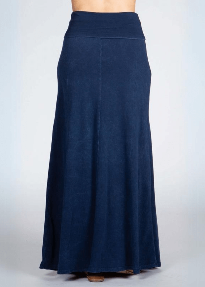 Women's Mineral Washed American Cotton Fold Over Waist Maxi Skirt Made in USA in Dark Denim | Classy Cozy Cool Style C50110 
