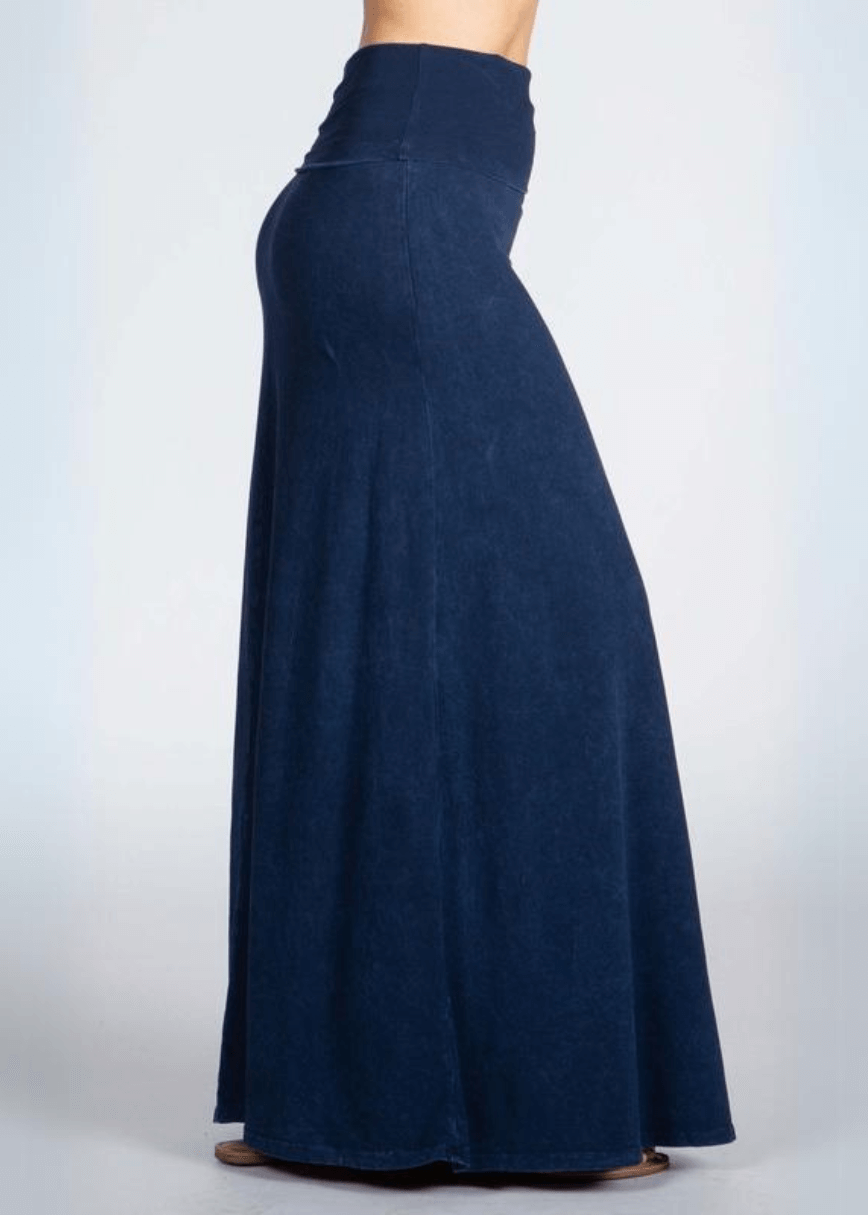 Women's Mineral Washed American Cotton Fold Over Waist Maxi Skirt Made in USA in Dark Denim | Classy Cozy Cool Style C50110 