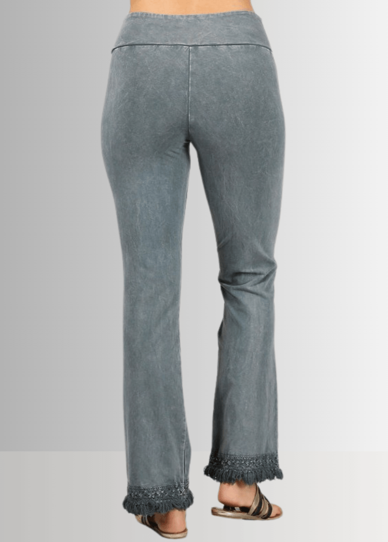Denim Look USA Made Ladies Mineral Washed Cropped Straight Leg Pants with Crochet Fringe Hem | Style P30374 | Classy Cozy Cool Women&
