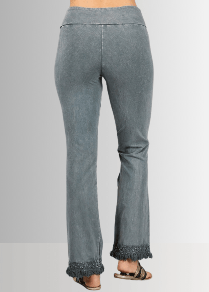 Denim Look USA Made Ladies Mineral Washed Cropped Straight Leg Pants with Crochet Fringe Hem | Style P30374 | Classy Cozy Cool Women&