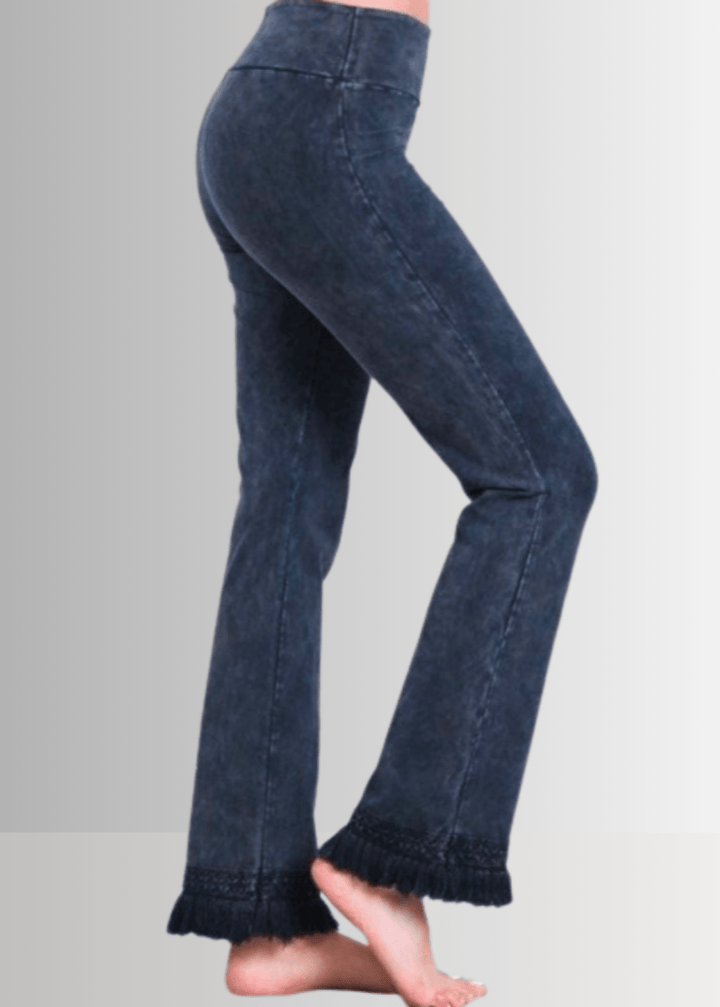 Denim Look USA Made Ladies Mineral Washed Cropped Straight Leg Pants with Crochet Fringe Hem | Style P30374 | Classy Cozy Cool Women&