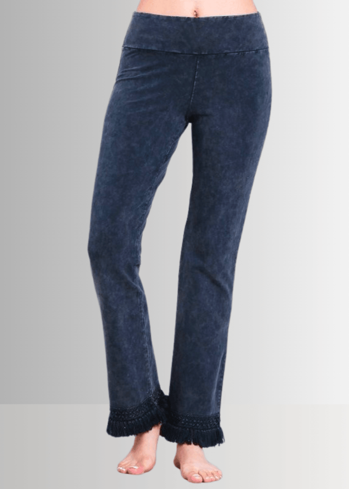 Denim Look USA Made Ladies Mineral Washed Cropped Straight Leg Pants with Crochet Fringe Hem | Style P30374 | Classy Cozy Cool Women&