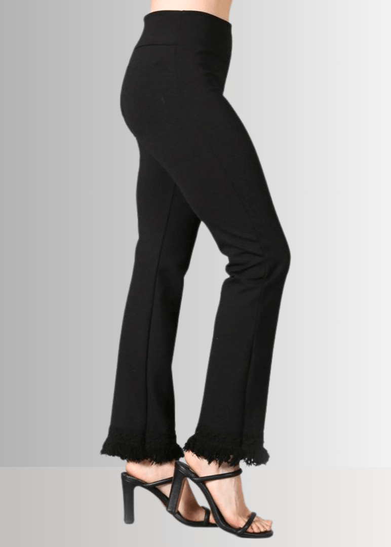 Denim Look USA Made Ladies Mineral Washed Cropped Straight Leg Pants with Crochet Fringe Hem | Style P30374 | Classy Cozy Cool Women&