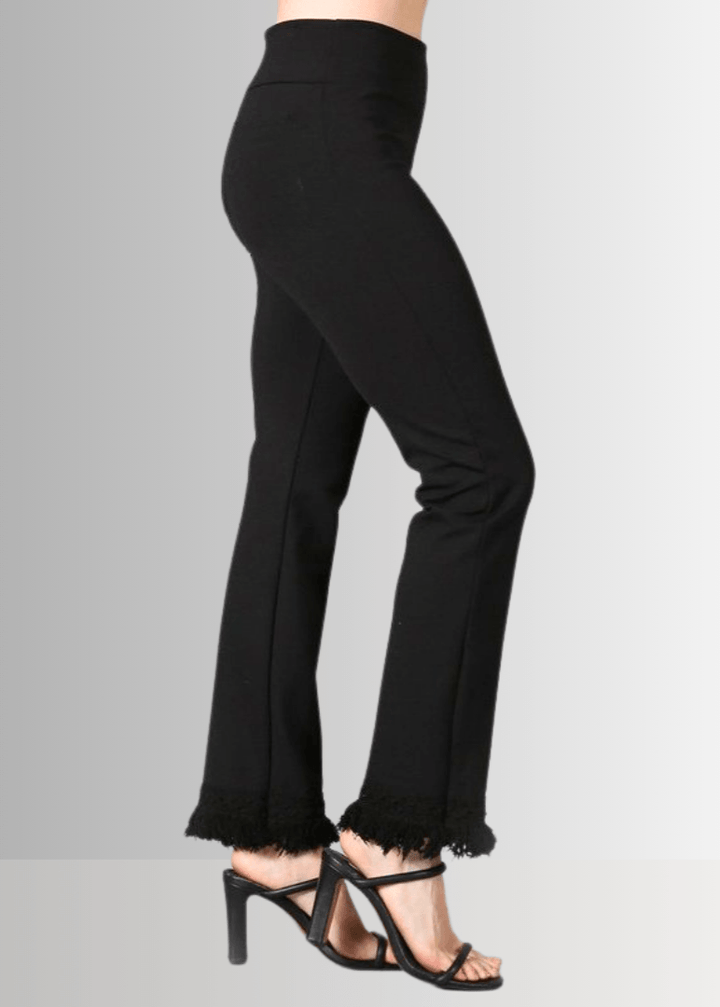 Denim Look USA Made Ladies Mineral Washed Cropped Straight Leg Pants with Crochet Fringe Hem | Style P30374 | Classy Cozy Cool Women&