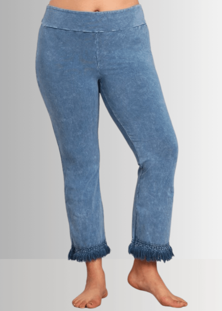 Denim Look USA Made Ladies Mineral Washed Plus Size Cropped Straight Leg Pants with Crochet Fringe Hem | Style P30374 | Classy Cozy Cool Women&