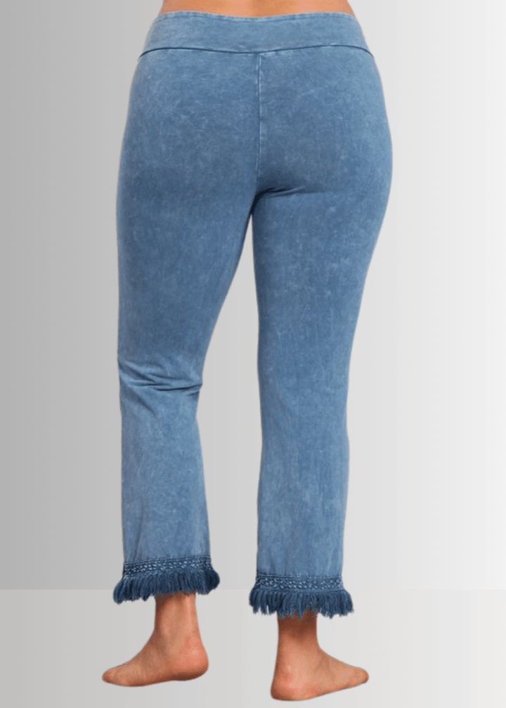 Denim Look USA Made Ladies Mineral Washed Plus Size Cropped Straight Leg Pants with Crochet Fringe Hem | Style P30374 | Classy Cozy Cool Women&
