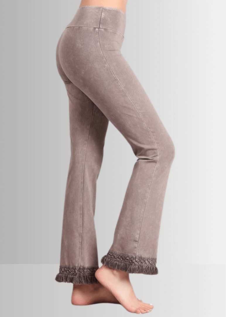 USA Made Women's Misses Mineral Washed Cotton Cropped Straight Leg Pants Jeggings with Crochet Fringed Hem  | P30374 | Classy Cozy Cool Made in USA Boutique 