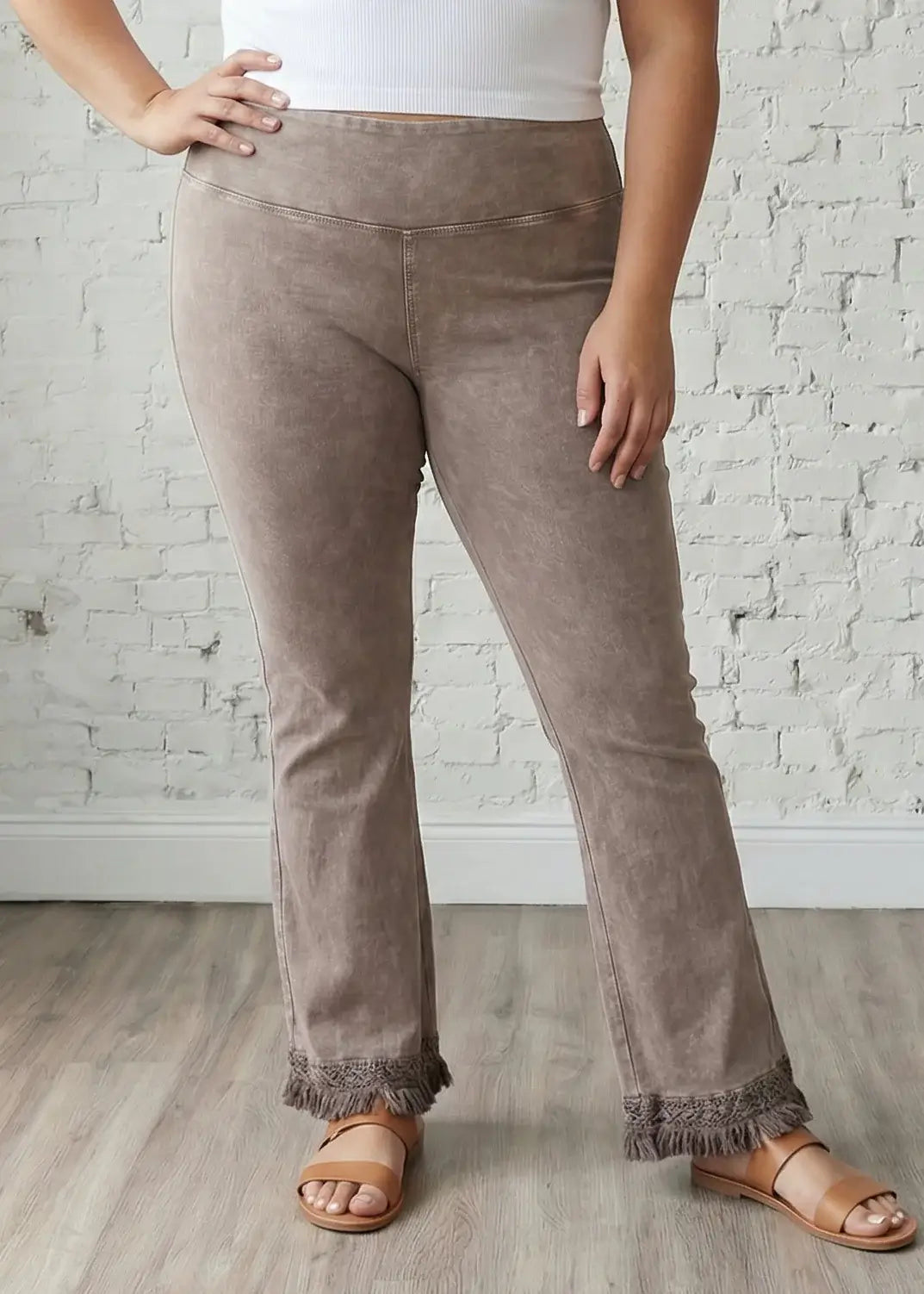 USA Made Women's Plus Size Mineral Washed Cotton Cropped Straight Leg Pants Jeggings with Crochet Fringed Hem  | P30374 | Classy Cozy Cool Made in USA Boutique 