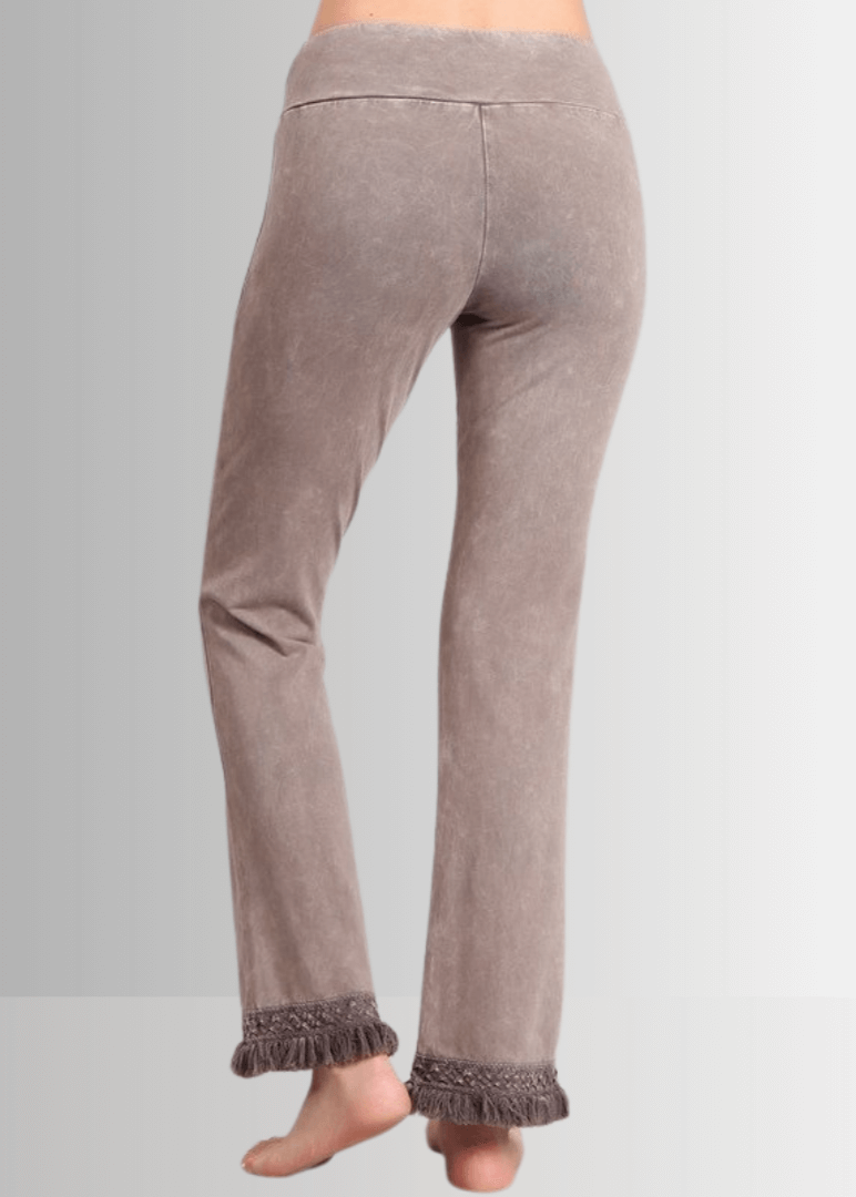 USA Made Women's Misses Mineral Washed Cotton Cropped Straight Leg Pants Jeggings with Crochet Fringed Hem  | P30374 | Classy Cozy Cool Made in USA Boutique 
