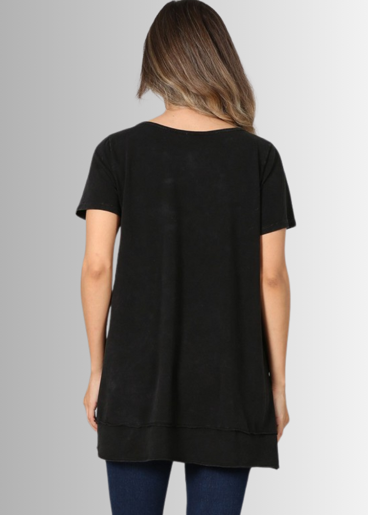 Made in USA Ladies High Low Hem Casual Cotton Tee in Mineral Washed Black, Proudly Made in USA | Classy Cozy Cool Women&