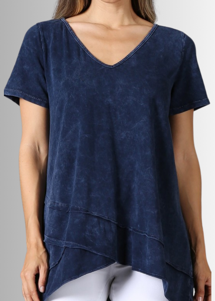 Made in USA Ladies High Low Hem Casual Cotton Tee in Mineral Washed Navy Blue Top Proudly Made in USA | Classy Cozy Cool Women&