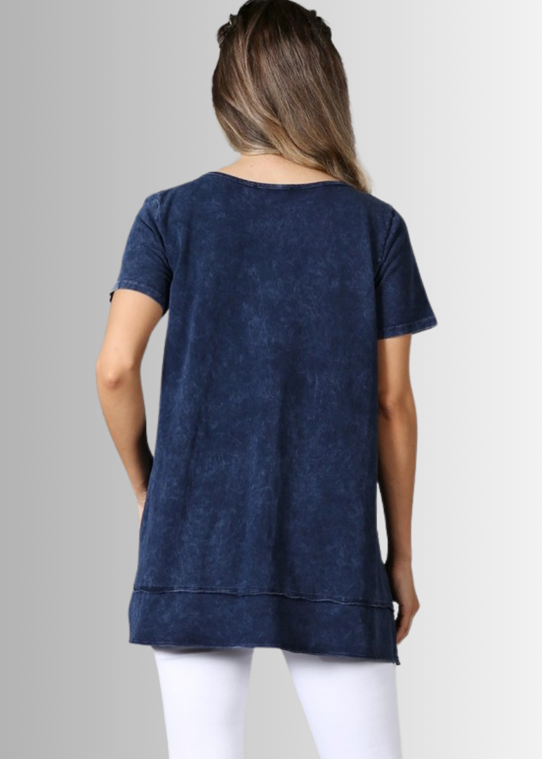 Made in USA Ladies High Low Hem Casual Cotton Tee in Mineral Washed Navy Blue Top Proudly Made in USA | Classy Cozy Cool Women's Made in America Boutique