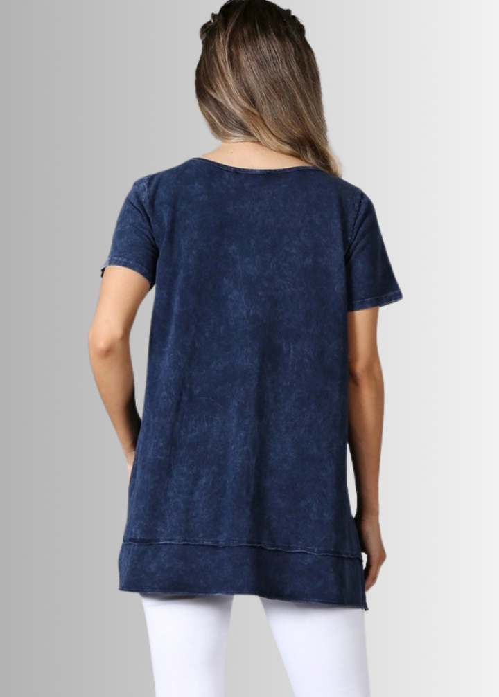 Made in USA Ladies High Low Hem Casual Cotton Tee in Mineral Washed Navy Blue Top Proudly Made in USA | Classy Cozy Cool Women&