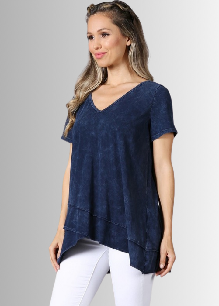 Made in USA Ladies High Low Hem Casual Cotton Tee in Mineral Washed Navy Blue Top Proudly Made in USA | Classy Cozy Cool Women&