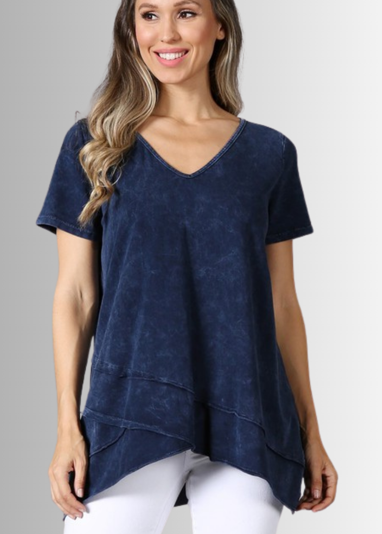 Made in USA Ladies High Low Hem Casual Cotton Tee in Mineral Washed Navy Blue Top Proudly Made in USA | Classy Cozy Cool Women's Made in America Boutique