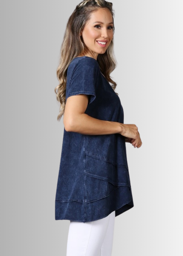 Made in USA Ladies High Low Hem Casual Cotton Tee in Mineral Washed Navy Blue Top Proudly Made in USA | Classy Cozy Cool Women&