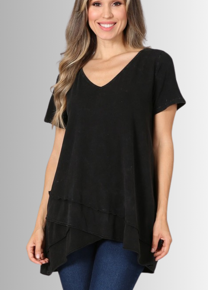 Made in USA Ladies High Low Hem Casual Cotton Tee in Mineral Washed Black, Proudly Made in USA | Classy Cozy Cool Women&