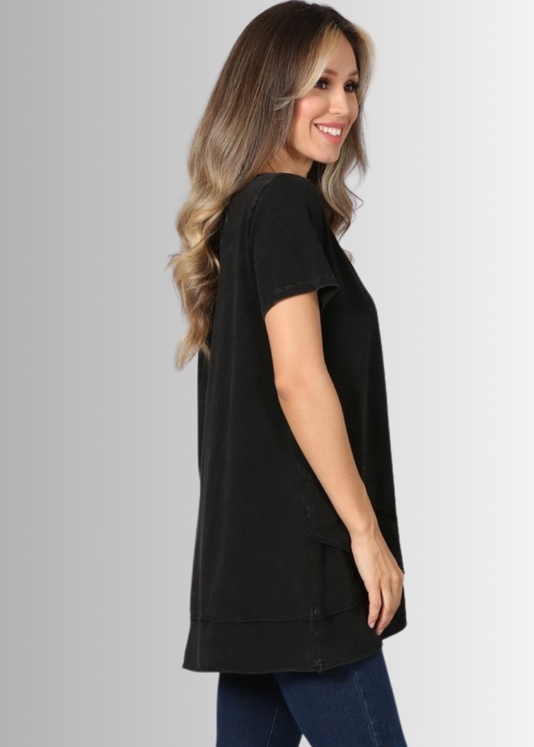 Made in USA Ladies High Low Hem Casual Cotton Tee in Mineral Washed Black, Proudly Made in USA | Classy Cozy Cool Women&