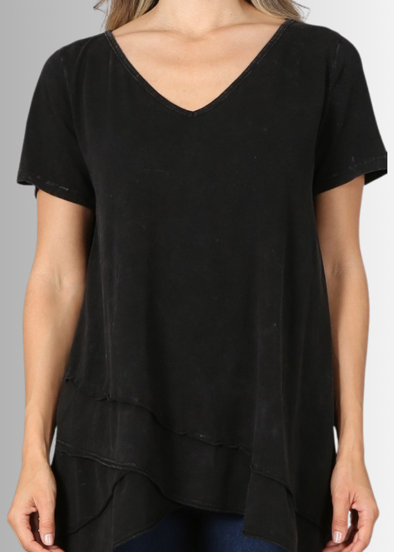 Made in USA Ladies High Low Hem Casual Cotton Tee in Mineral Washed Black, Proudly Made in USA | Classy Cozy Cool Women&