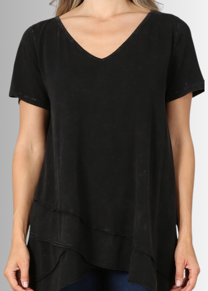 Made in USA Ladies High Low Hem Casual Cotton Tee in Mineral Washed Black, Proudly Made in USA | Classy Cozy Cool Women&