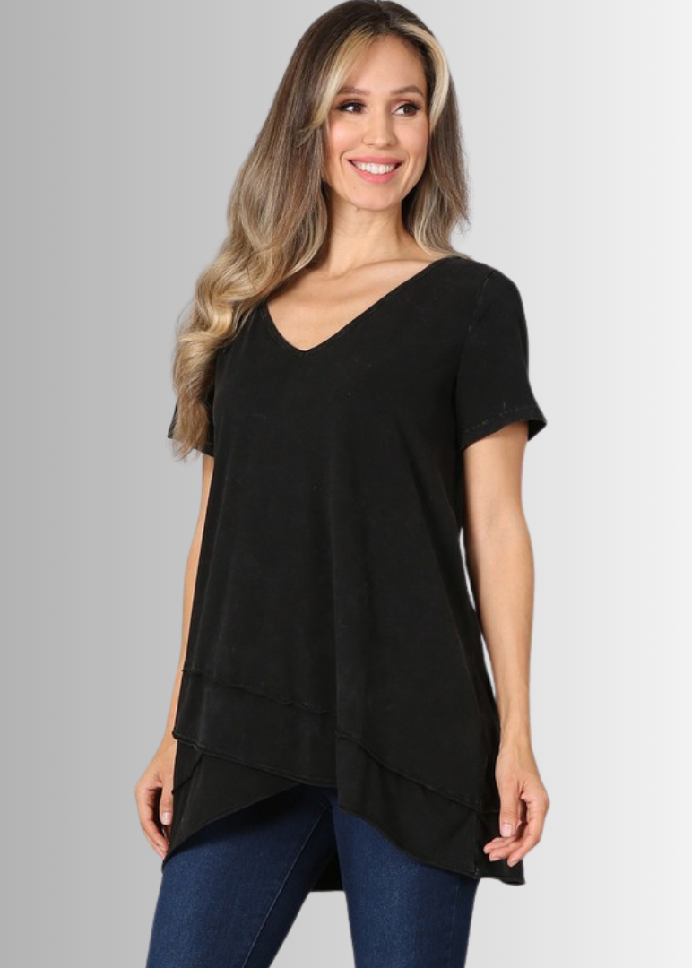 Made in USA Ladies High Low Hem Casual Cotton Tee in Mineral Washed Black, Proudly Made in USA | Classy Cozy Cool Women&