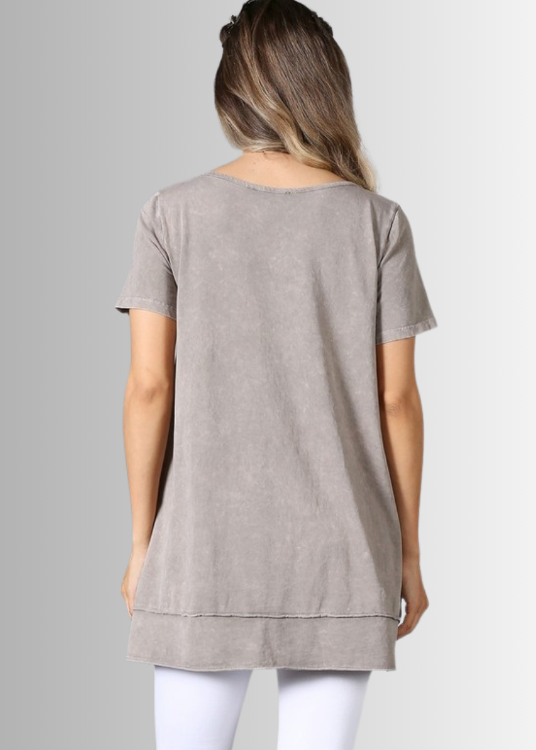 Made in USA Ladies High Low Hem Casual Cotton Tee in Mineral Washed Desert Taupe, Proudly Made in USA | Classy Cozy Cool Women's Made in America Boutique
