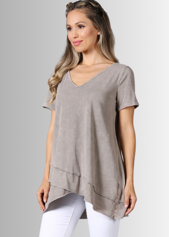 Made in USA Ladies High Low Hem Casual Cotton Tee in Mineral Washed Desert Taupe, Proudly Made in USA | Classy Cozy Cool Women&