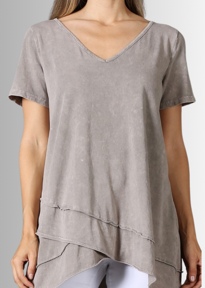 Made in USA Ladies High Low Hem Casual Cotton Tee in Mineral Washed Desert Taupe, Proudly Made in USA | Classy Cozy Cool Women&