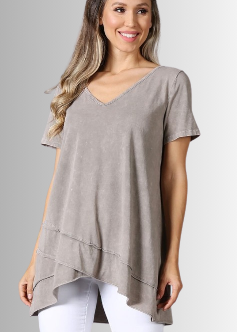 Made in USA Ladies High Low Hem Casual Cotton Tee in Mineral Washed Desert Taupe, Proudly Made in USA | Classy Cozy Cool Women&