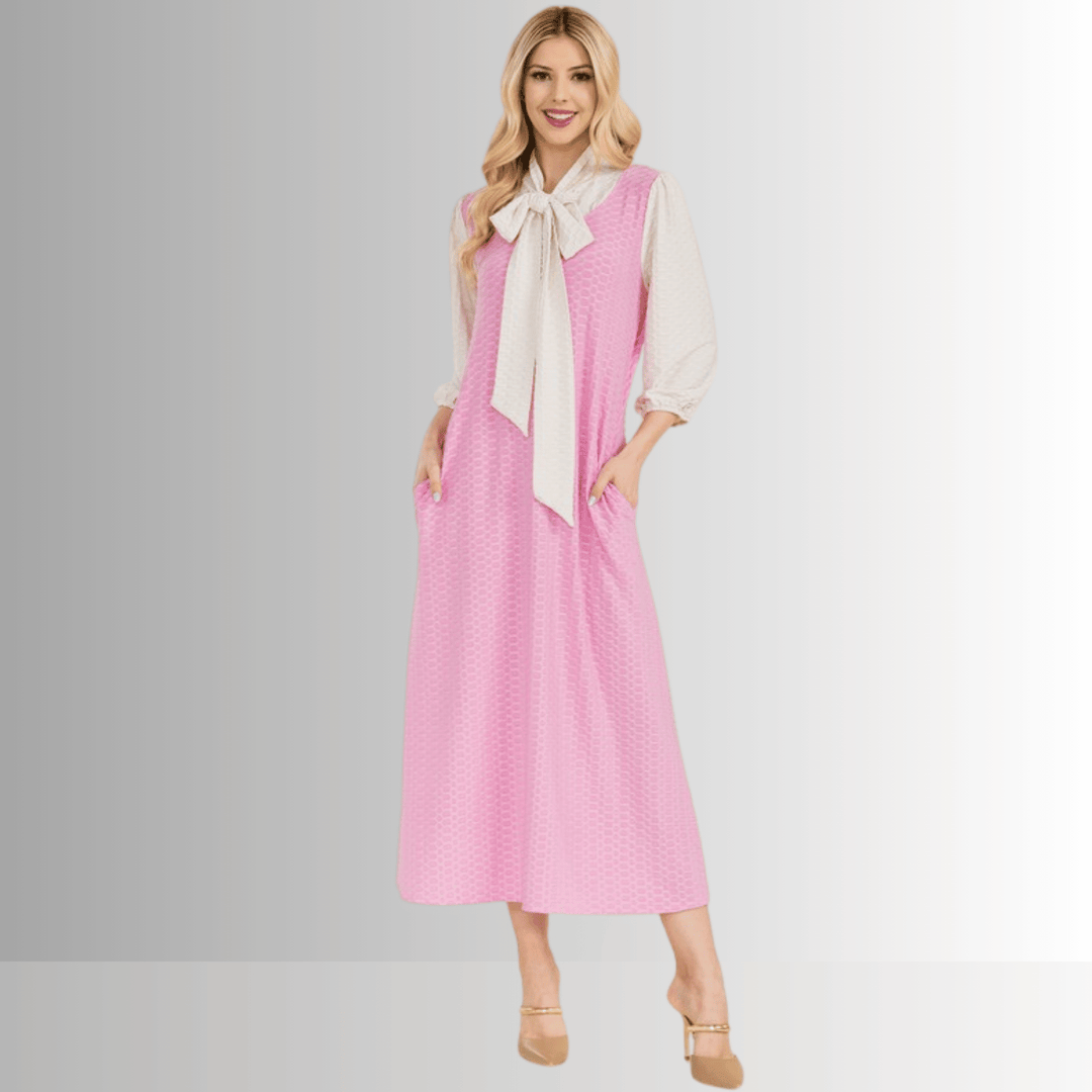 Made in USA Women's Classic Bow Tie Pink and Cream Modest midi dress Made with Honeycomb Pattern Jersey Fabric, 3/4 Length Puff Sleeves | Classy Cozy Cool Made in America Boutique