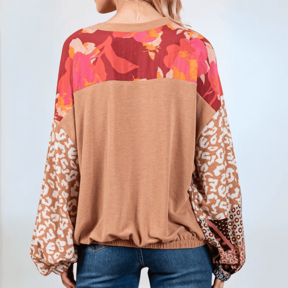 Made in USA Women's Mixed Media Color Block Animal and Floral Print Long Sleeve Relaxed Fit Top with Elastic Cuffs and Elastic Banded Hem | Classy Cozy Cool Made in America Boutique