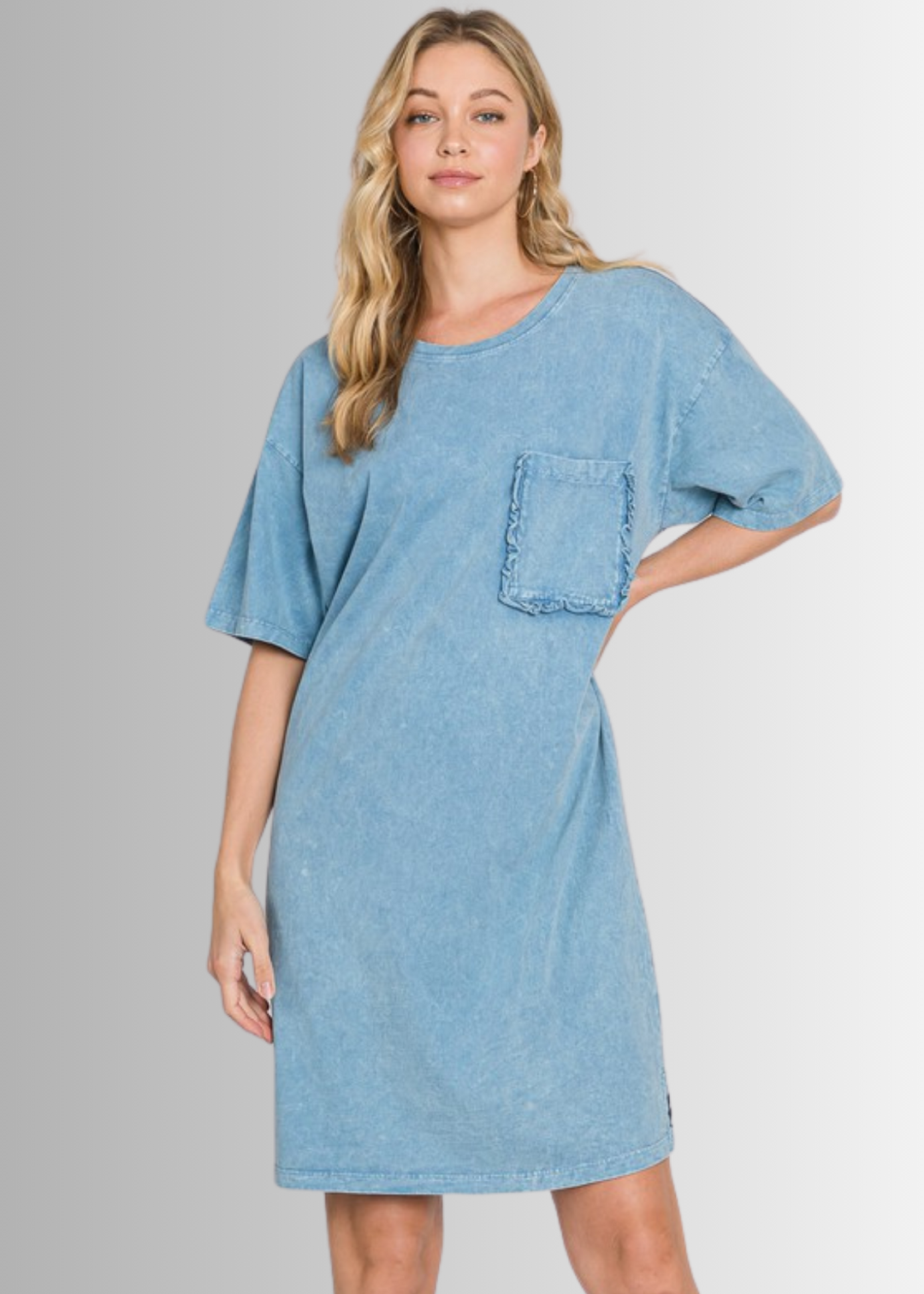 USA Made Women's Steele Blue Mineral Washed Cotton T-Shirt Knee Length Dress with Ruffled Front Pocket Detail, Premium Quality