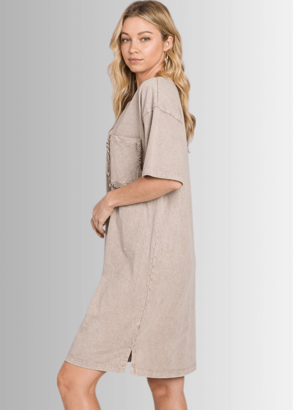 USA Made Women's Taupe Mineral Washed Cotton T-Shirt Knee Length Dress with Ruffled Front Pocket Detail, Premium Quality | Classy Cozy Cool Made in America Boutique