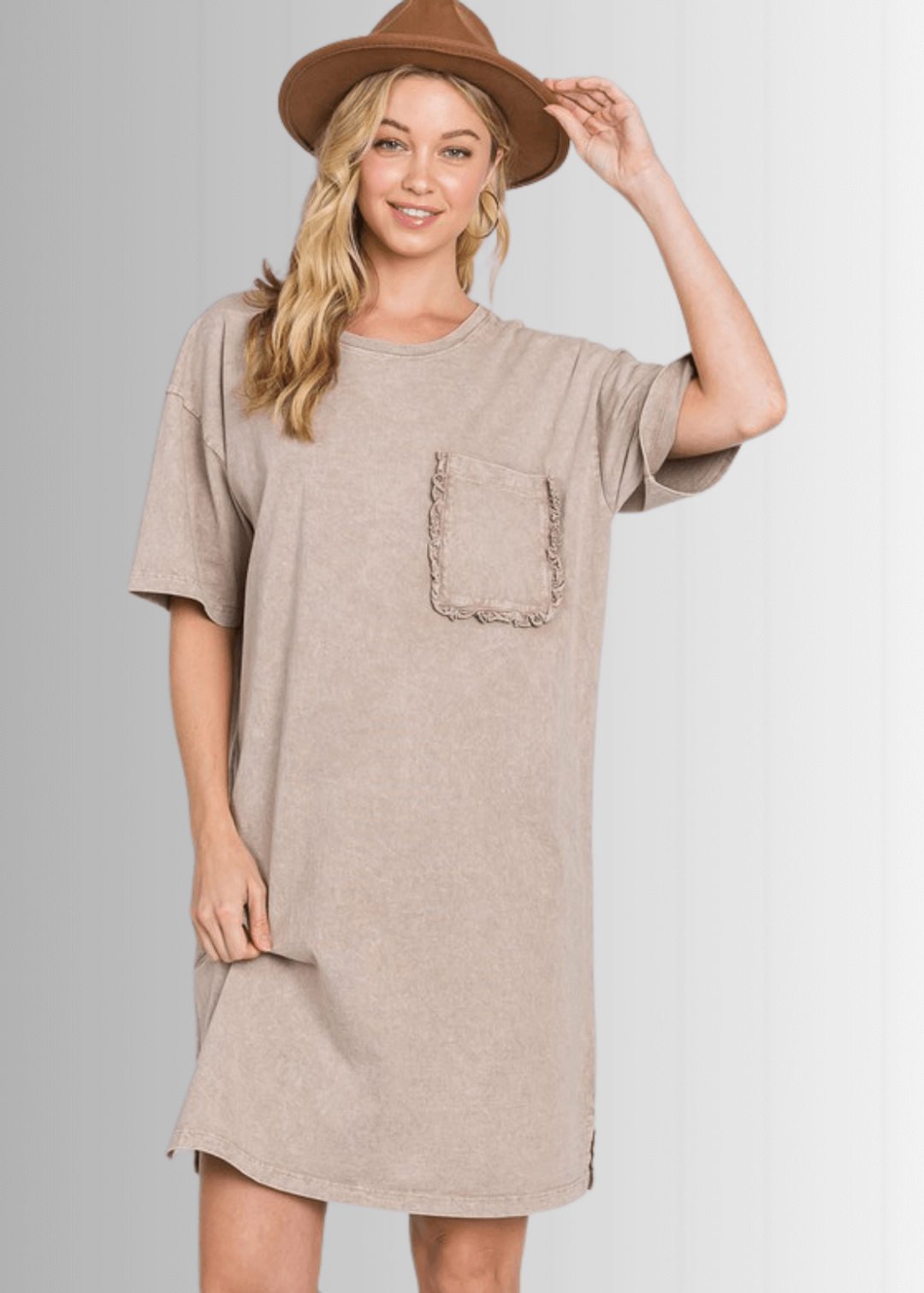 USA Made Women's Taupe Mineral Washed Cotton T-Shirt Knee Length Dress with Ruffled Front Pocket Detail, Premium Quality | Classy Cozy Cool Made in America Boutique