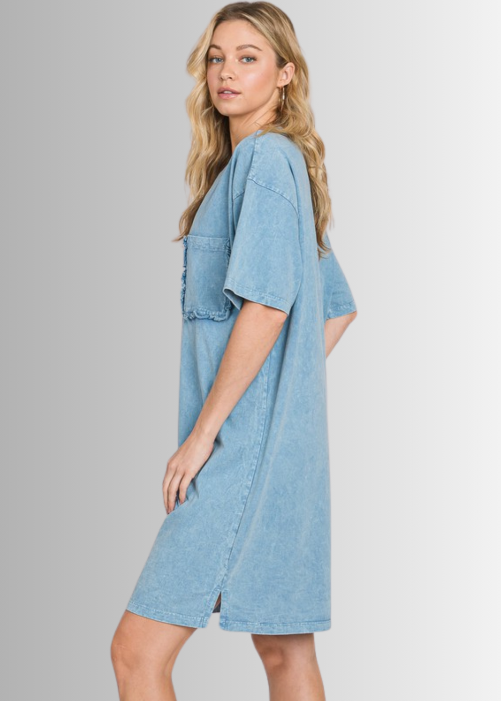 USA Made Women's Steele Blue Mineral Washed Cotton T-Shirt Knee Length Dress with Ruffled Front Pocket Detail, Premium Quality